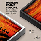 Panoramic desert sunset painting featuring a silhouette caravan of camels and riders walking along rolling sand dunes beneath a glowing red and orange sky. The low sun sits near the horizon while layered desert dunes stretch into the distance, creating a dramatic wide composition across the desert landscape.