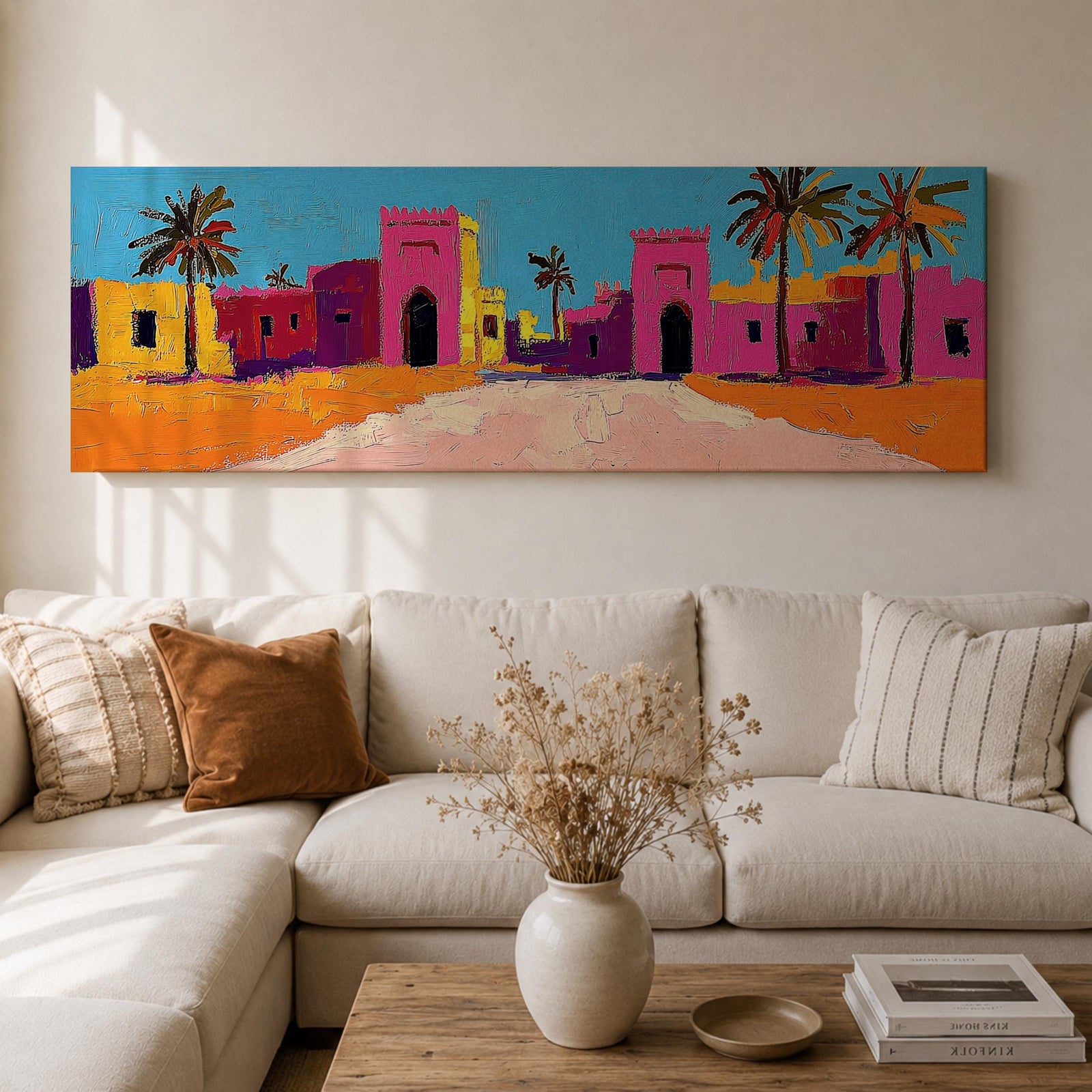 Panoramic desert village painting showing colorful Moroccan kasbah buildings in bright pink and warm ochre tones with tall palm trees lining a sandy road. Bold textured brushstrokes and vibrant colors create a lively North African scene beneath a clear blue sky across the wide horizontal composition.
