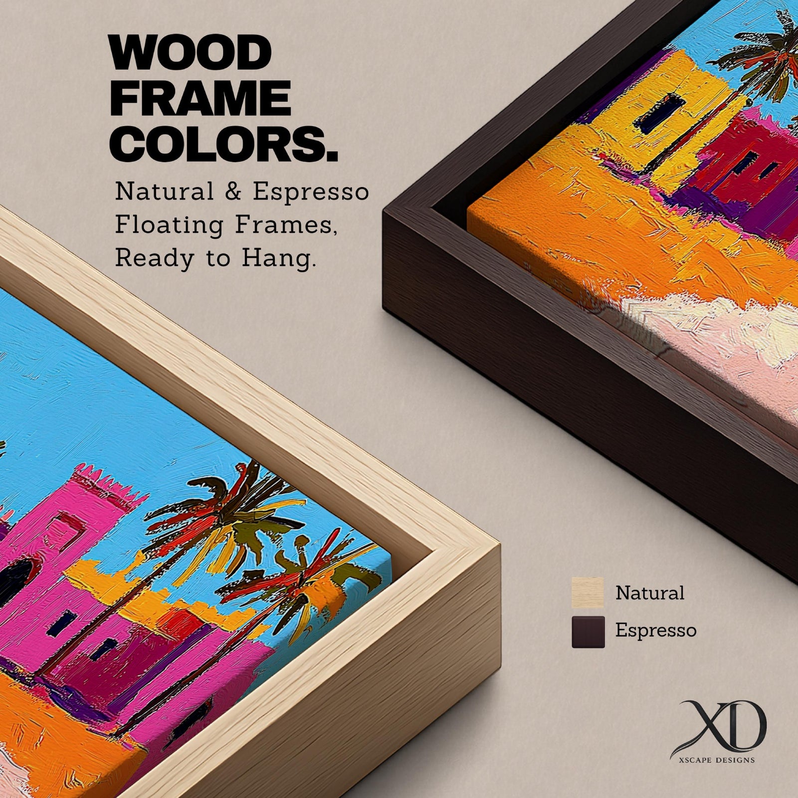 Panoramic desert village painting showing colorful Moroccan kasbah buildings in bright pink and warm ochre tones with tall palm trees lining a sandy road. Bold textured brushstrokes and vibrant colors create a lively North African scene beneath a clear blue sky across the wide horizontal composition.