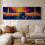 Panoramic painting of the Kaaba at Masjid Al Haram in Mecca surrounded by worshippers within the illuminated mosque courtyard. Tall minarets rise on either side while glowing sunset colors of gold, magenta, and deep blue fill the sky above the sacred Islamic landmark across the wide horizontal composition.