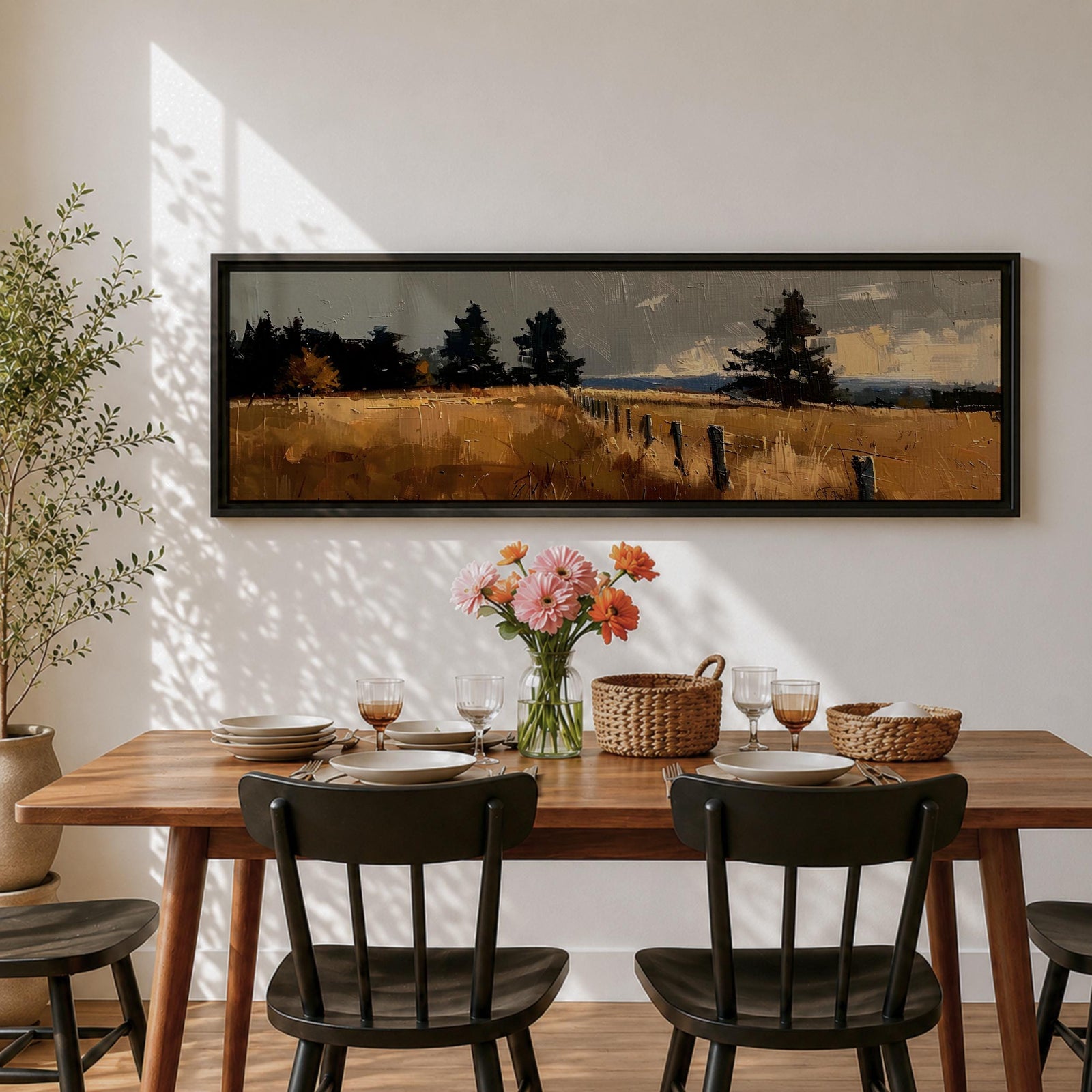 Panoramic countryside landscape painting featuring golden rural fields with a rustic fence line stretching into the distance. Textured brushstrokes depict tall grasses and scattered trees beneath a muted cloudy sky, with distant hills fading along the horizon across a wide pastoral farmland scene.