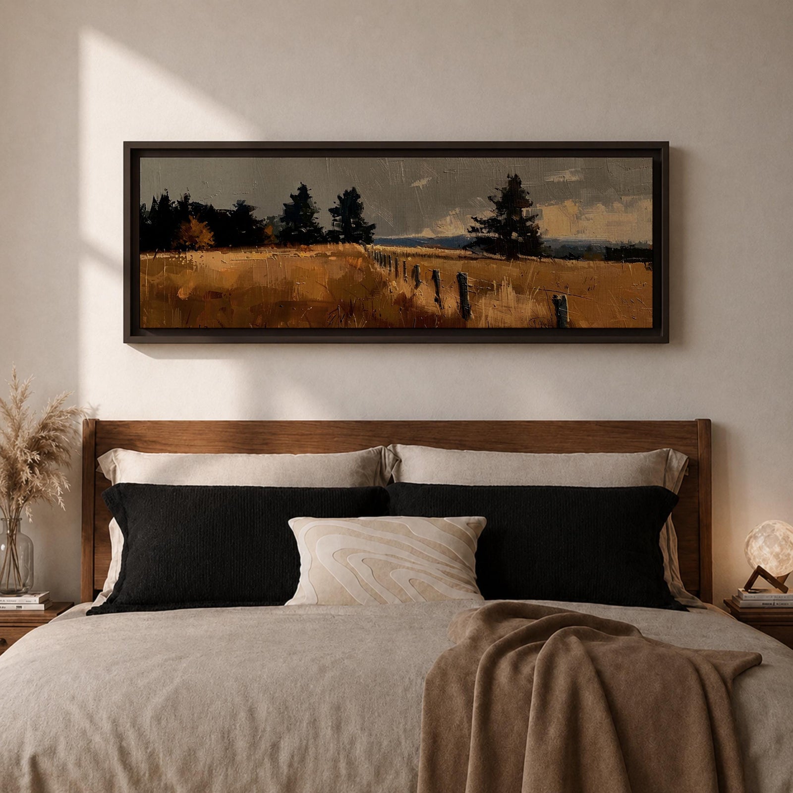 Panoramic countryside landscape painting featuring golden rural fields with a rustic fence line stretching into the distance. Textured brushstrokes depict tall grasses and scattered trees beneath a muted cloudy sky, with distant hills fading along the horizon across a wide pastoral farmland scene.