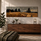 Panoramic countryside landscape painting featuring golden rural fields with a rustic fence line stretching into the distance. Textured brushstrokes depict tall grasses and scattered trees beneath a muted cloudy sky, with distant hills fading along the horizon across a wide pastoral farmland scene.