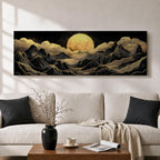 Panoramic moonlit mountain landscape painting featuring layered black mountains outlined with flowing gold lines beneath a glowing full moon. Soft golden clouds drift across a dark sky while ridges and valleys unfold across the wide composition, creating a dramatic celestial scene with textured metallic accents.