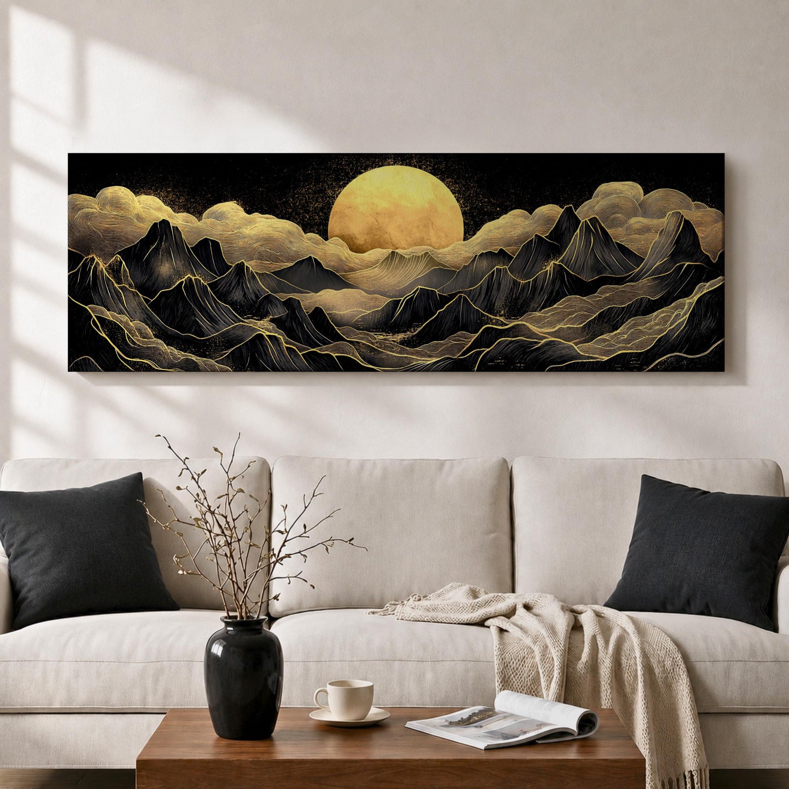 Panoramic moonlit mountain landscape painting featuring layered black mountains outlined with flowing gold lines beneath a glowing full moon. Soft golden clouds drift across a dark sky while ridges and valleys unfold across the wide composition, creating a dramatic celestial scene with textured metallic accents.