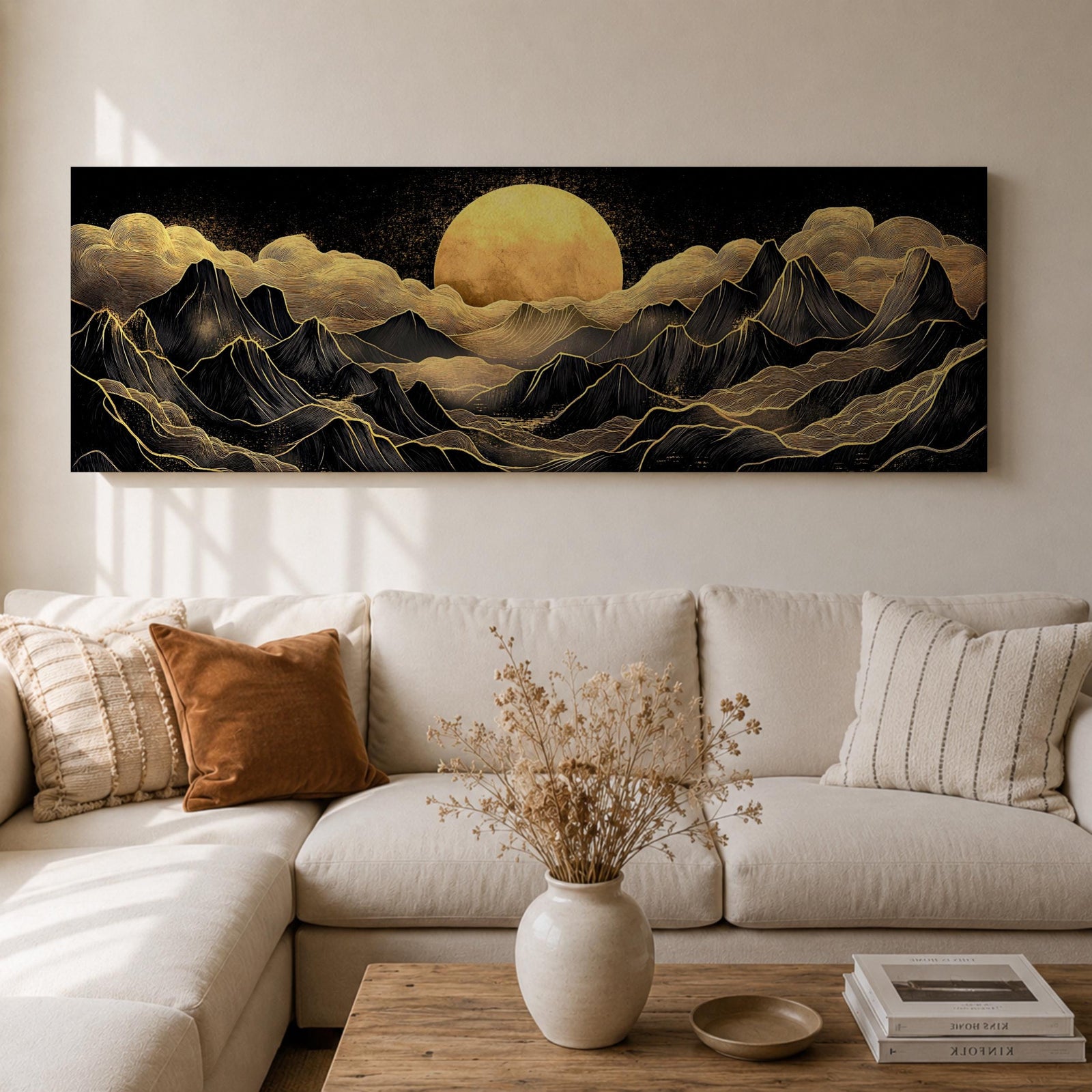 Panoramic moonlit mountain landscape painting featuring layered black mountains outlined with flowing gold lines beneath a glowing full moon. Soft golden clouds drift across a dark sky while ridges and valleys unfold across the wide composition, creating a dramatic celestial scene with textured metallic accents.