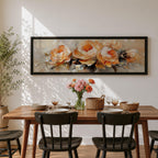 Panoramic floral painting of large blooming peony flowers with layered petals in warm peach and cream tones. Expressive palette knife brushstrokes create textured petals and soft shadows while the blossoms spread across the wide horizontal composition against a light neutral background.