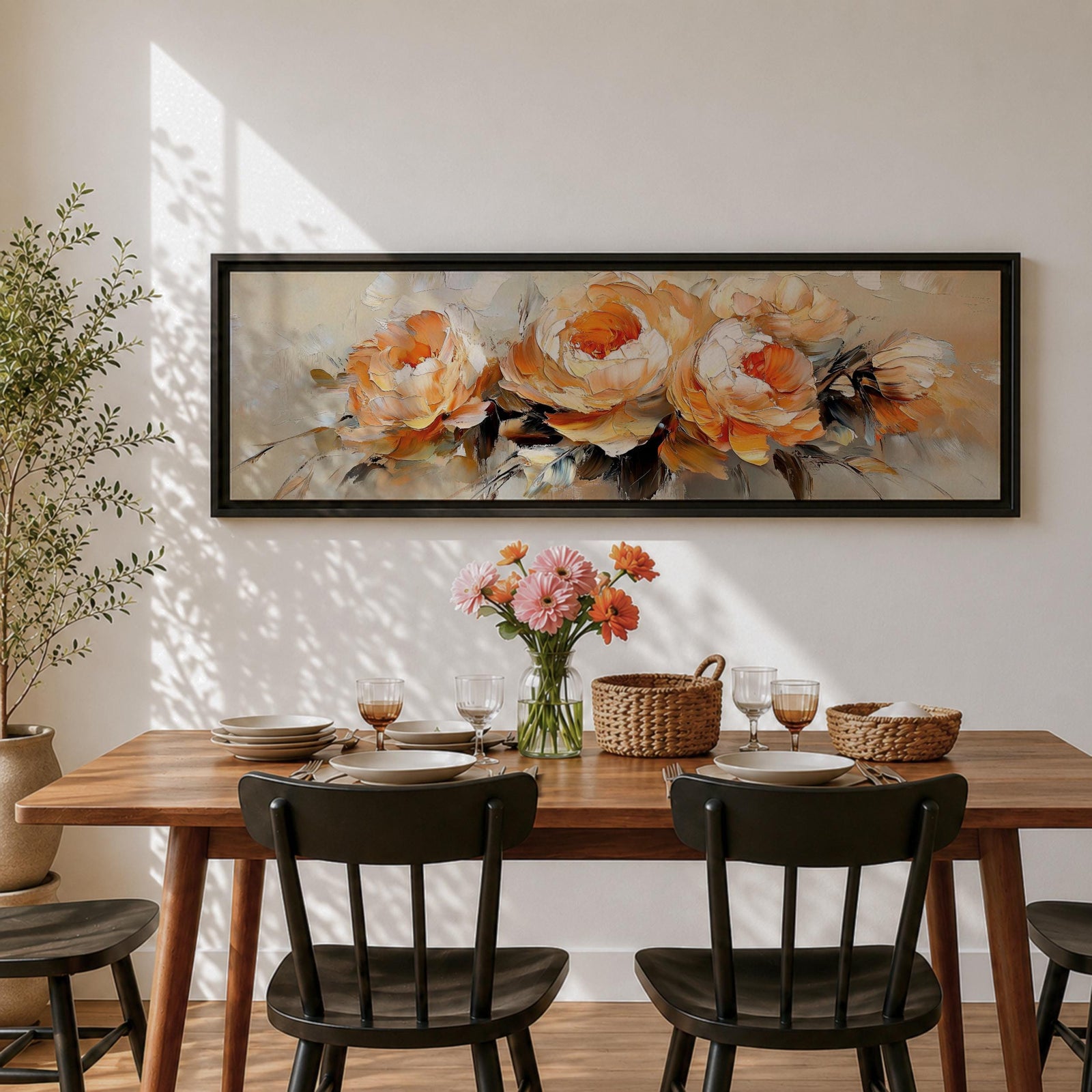 Panoramic floral painting of large blooming peony flowers with layered petals in warm peach and cream tones. Expressive palette knife brushstrokes create textured petals and soft shadows while the blossoms spread across the wide horizontal composition against a light neutral background.