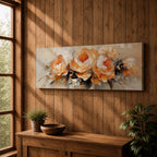Panoramic floral painting of large blooming peony flowers with layered petals in warm peach and cream tones. Expressive palette knife brushstrokes create textured petals and soft shadows while the blossoms spread across the wide horizontal composition against a light neutral background.