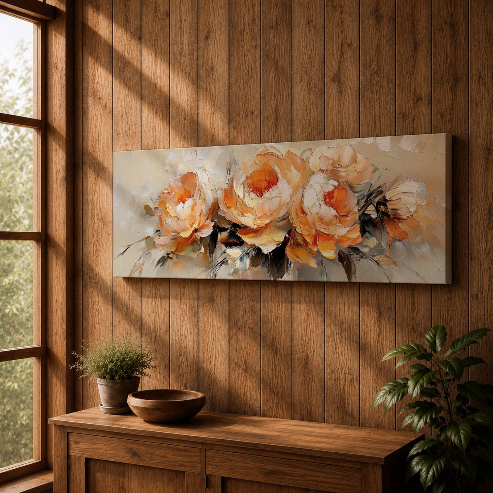 Panoramic floral painting of large blooming peony flowers with layered petals in warm peach and cream tones. Expressive palette knife brushstrokes create textured petals and soft shadows while the blossoms spread across the wide horizontal composition against a light neutral background.