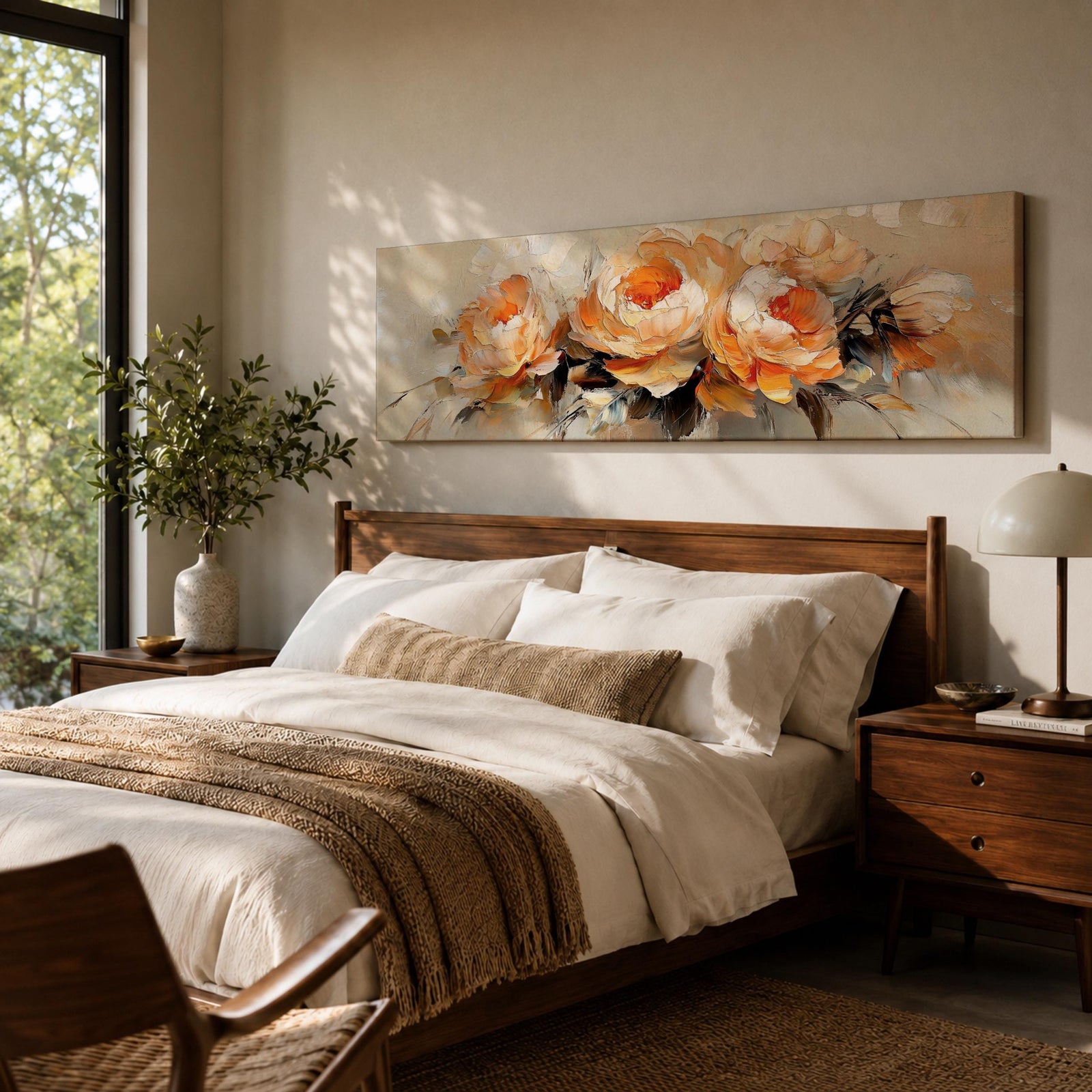 Panoramic floral painting of large blooming peony flowers with layered petals in warm peach and cream tones. Expressive palette knife brushstrokes create textured petals and soft shadows while the blossoms spread across the wide horizontal composition against a light neutral background.