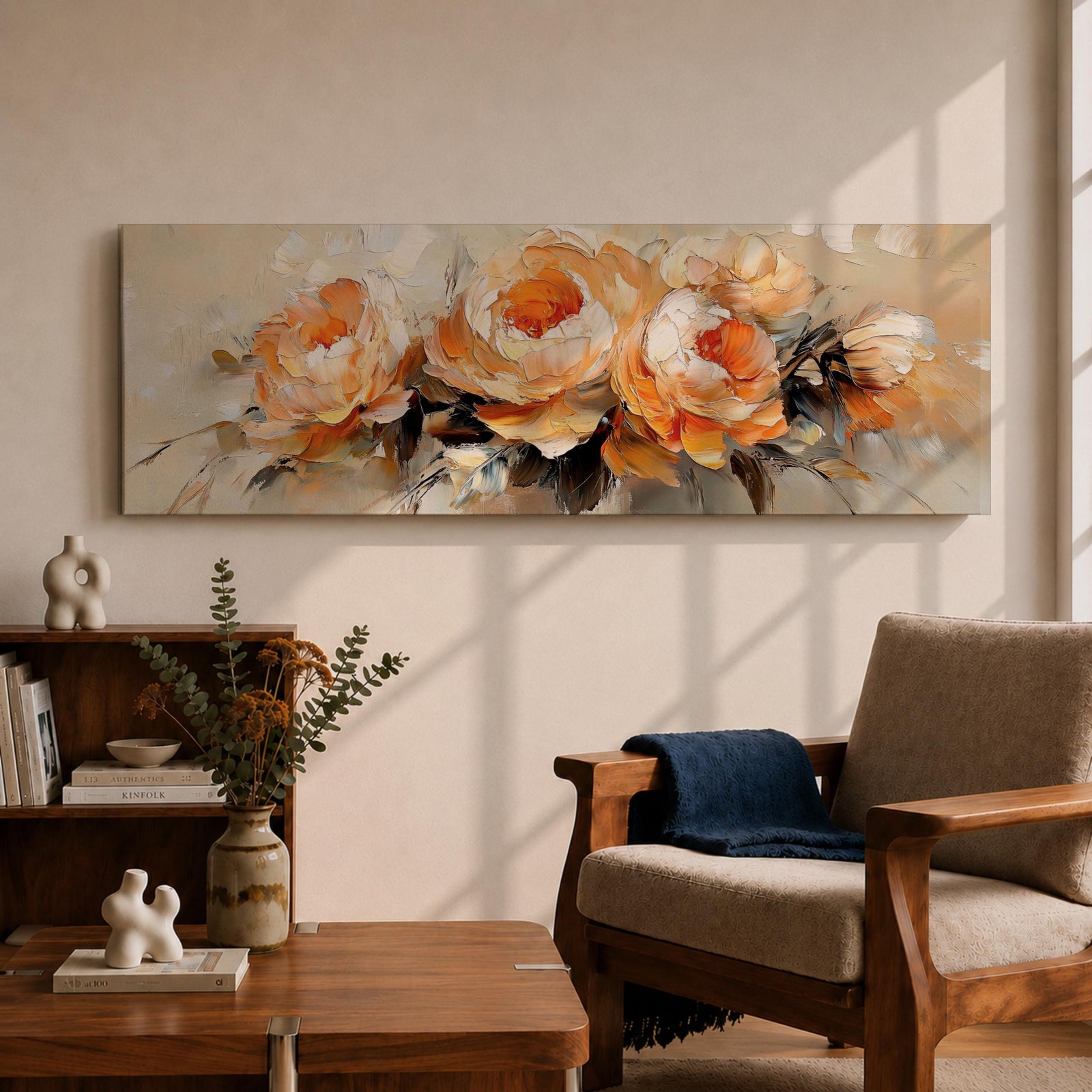Panoramic floral painting of large blooming peony flowers with layered petals in warm peach and cream tones. Expressive palette knife brushstrokes create textured petals and soft shadows while the blossoms spread across the wide horizontal composition against a light neutral background.