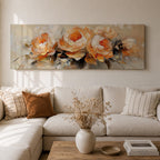 Panoramic floral painting of large blooming peony flowers with layered petals in warm peach and cream tones. Expressive palette knife brushstrokes create textured petals and soft shadows while the blossoms spread across the wide horizontal composition against a light neutral background.