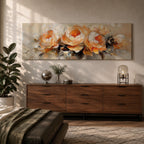 Panoramic floral painting of large blooming peony flowers with layered petals in warm peach and cream tones. Expressive palette knife brushstrokes create textured petals and soft shadows while the blossoms spread across the wide horizontal composition against a light neutral background.