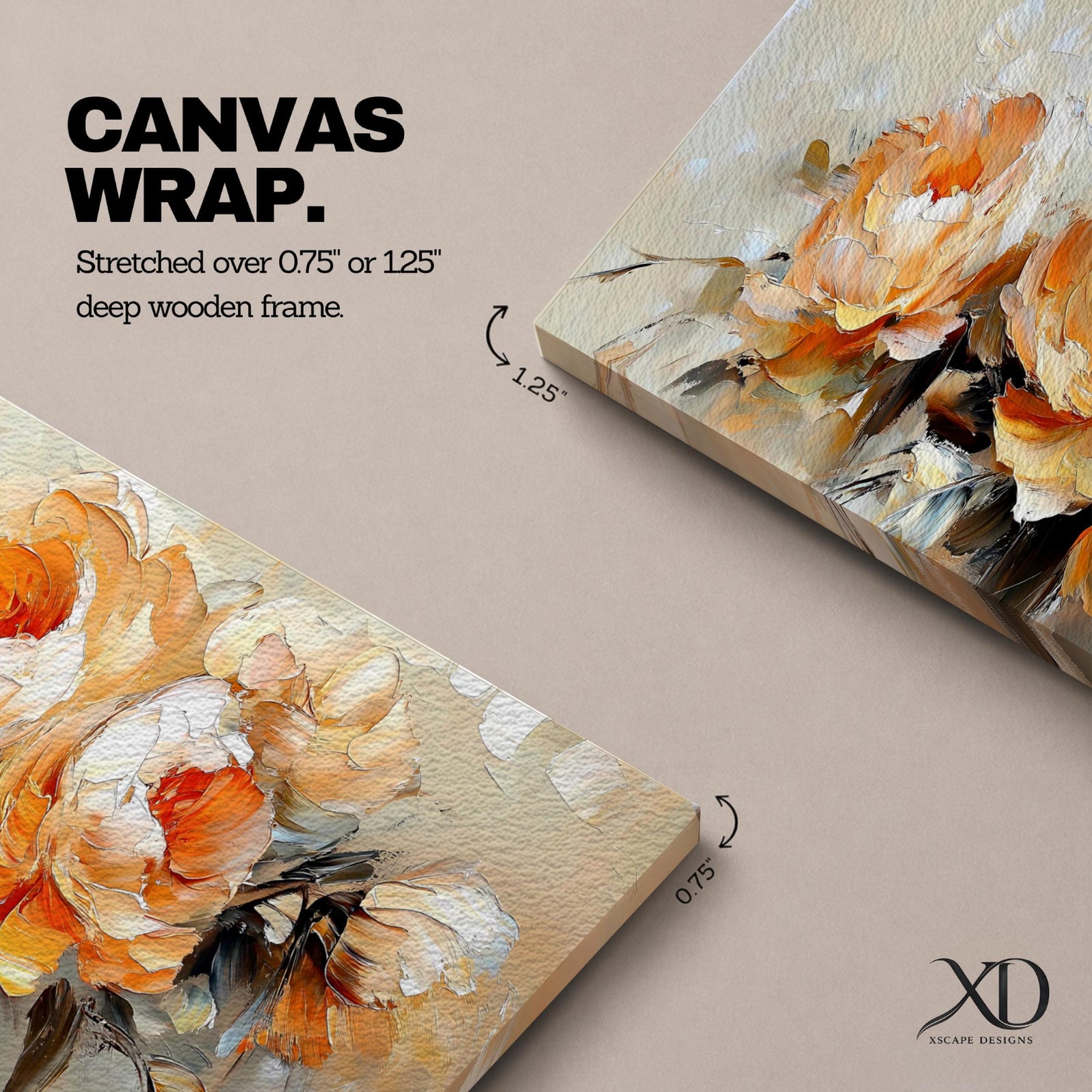 Panoramic floral painting of large blooming peony flowers with layered petals in warm peach and cream tones. Expressive palette knife brushstrokes create textured petals and soft shadows while the blossoms spread across the wide horizontal composition against a light neutral background.