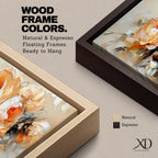 Panoramic floral painting of large blooming peony flowers with layered petals in warm peach and cream tones. Expressive palette knife brushstrokes create textured petals and soft shadows while the blossoms spread across the wide horizontal composition against a light neutral background.