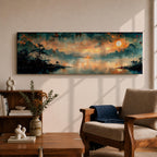 Panoramic Chinese landscape painting of misty mountains rising above a tranquil lake at sunset with warm orange light reflecting across the water. Dark tree silhouettes frame the shoreline while distant peaks fade into atmospheric haze beneath dramatic clouds in a traditional oriental scenery composition.