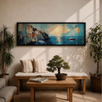 Panoramic Mediterranean coastal painting showing white cliffside houses overlooking deep blue sea at sunset. A sailboat drifts across calm water while sunlight reflects across the horizon and textured brushstrokes form dramatic rocky cliffs and coastal architecture in the wide horizontal seaside composition.