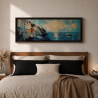 Panoramic Mediterranean coastal painting showing white cliffside houses overlooking deep blue sea at sunset. A sailboat drifts across calm water while sunlight reflects across the horizon and textured brushstrokes form dramatic rocky cliffs and coastal architecture in the wide horizontal seaside composition.