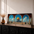 Panoramic architectural painting of Masjid Al Aqsa and the Dome of the Rock in Jerusalem viewed through ancient stone arches. The golden dome rises above historic city walls and minarets beneath a bright blue sky with scattered clouds, forming a wide horizontal composition of the sacred Islamic landmark.