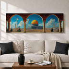 Panoramic architectural painting of Masjid Al Aqsa and the Dome of the Rock in Jerusalem viewed through ancient stone arches. The golden dome rises above historic city walls and minarets beneath a bright blue sky with scattered clouds, forming a wide horizontal composition of the sacred Islamic landmark.