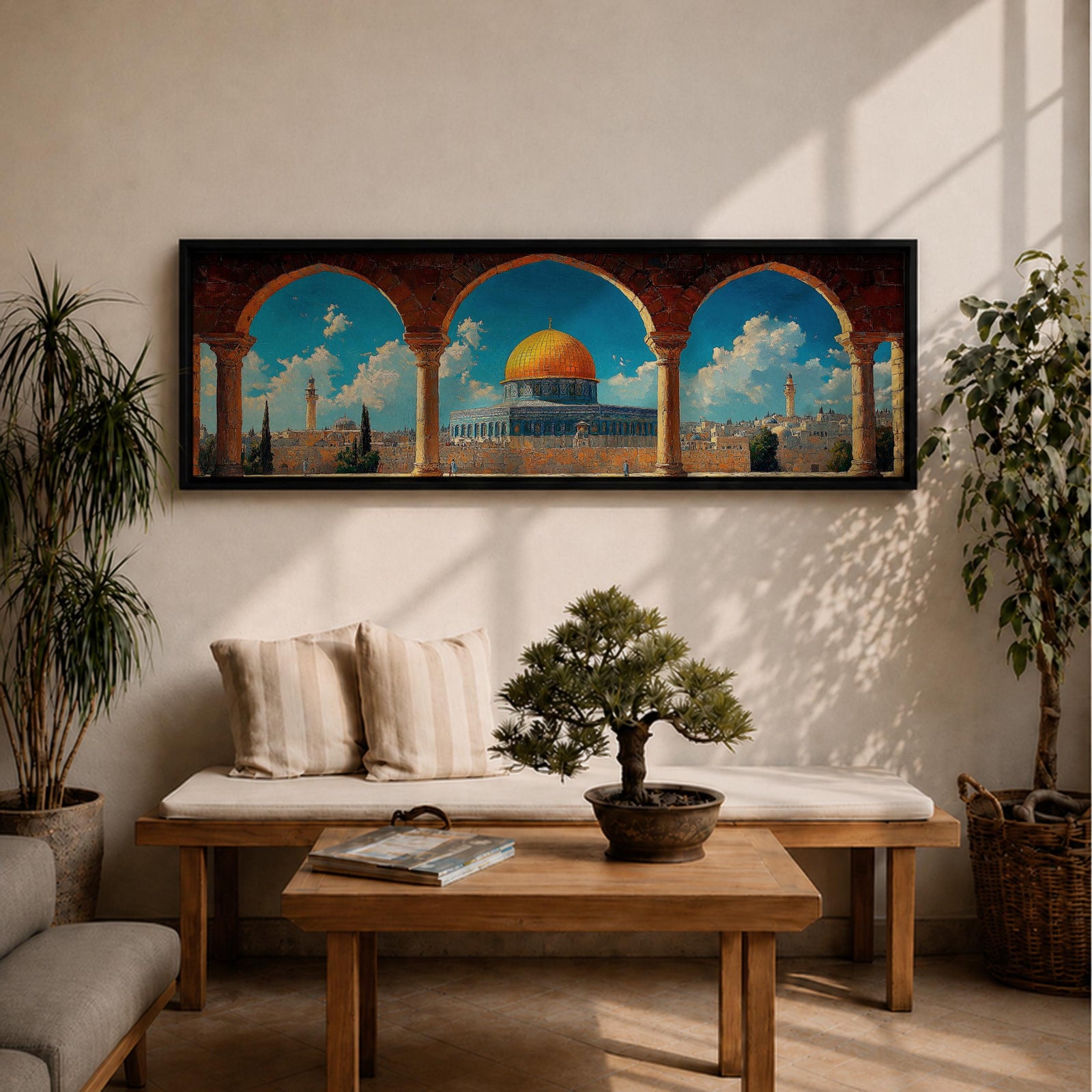 Panoramic architectural painting of Masjid Al Aqsa and the Dome of the Rock in Jerusalem viewed through ancient stone arches. The golden dome rises above historic city walls and minarets beneath a bright blue sky with scattered clouds, forming a wide horizontal composition of the sacred Islamic landmark.