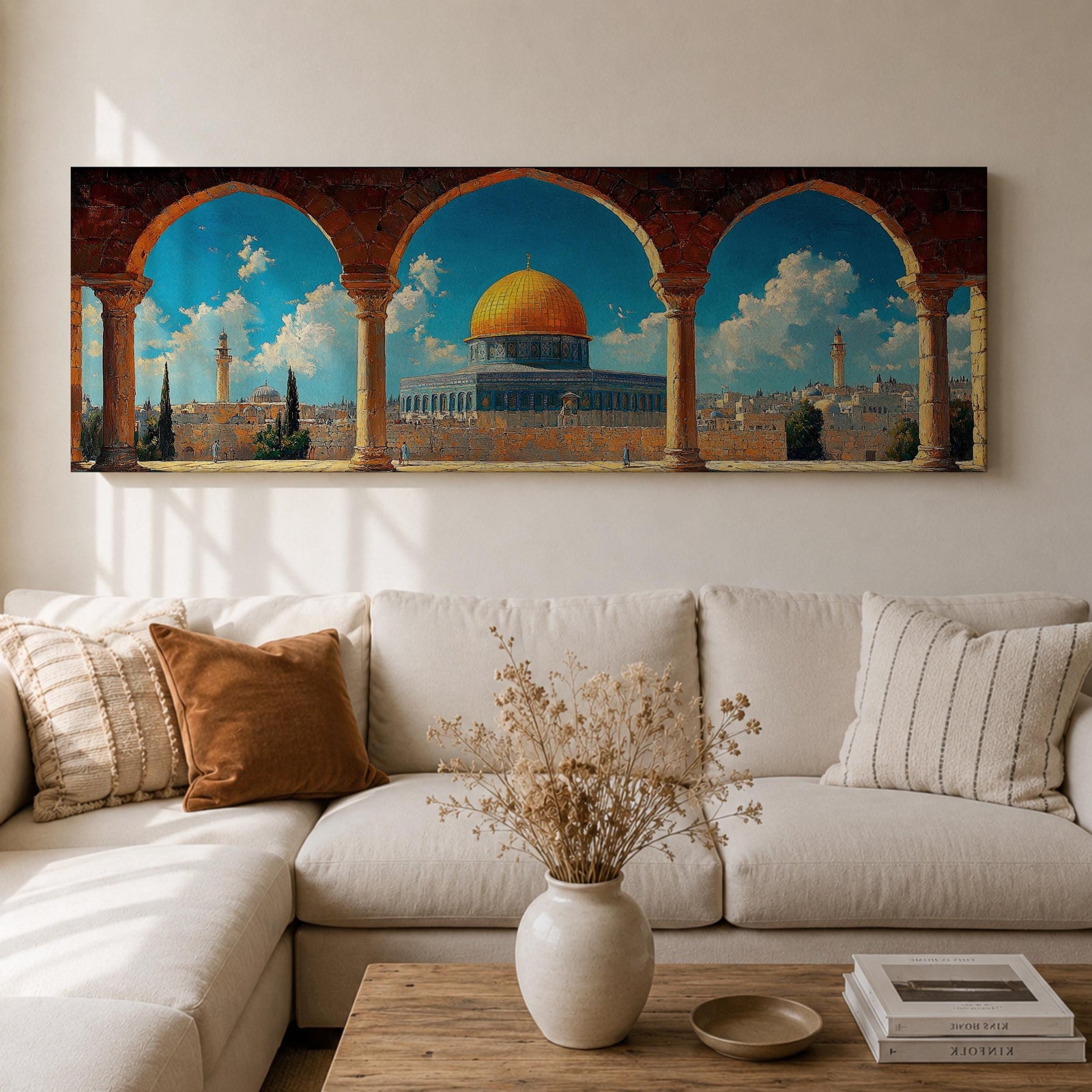 Panoramic architectural painting of Masjid Al Aqsa and the Dome of the Rock in Jerusalem viewed through ancient stone arches. The golden dome rises above historic city walls and minarets beneath a bright blue sky with scattered clouds, forming a wide horizontal composition of the sacred Islamic landmark.