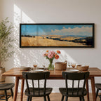 Panoramic wheat field landscape painting showing rolling golden farmland stretching across hills beneath a bright blue sky with scattered clouds. Textured brushstrokes depict tall wheat grasses in the foreground leading toward layered countryside fields, tree clusters, and distant hills across the wide rural horizon.