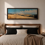 Panoramic wheat field landscape painting showing rolling golden farmland stretching across hills beneath a bright blue sky with scattered clouds. Textured brushstrokes depict tall wheat grasses in the foreground leading toward layered countryside fields, tree clusters, and distant hills across the wide rural horizon.