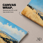 Panoramic wheat field landscape painting showing rolling golden farmland stretching across hills beneath a bright blue sky with scattered clouds. Textured brushstrokes depict tall wheat grasses in the foreground leading toward layered countryside fields, tree clusters, and distant hills across the wide rural horizon.