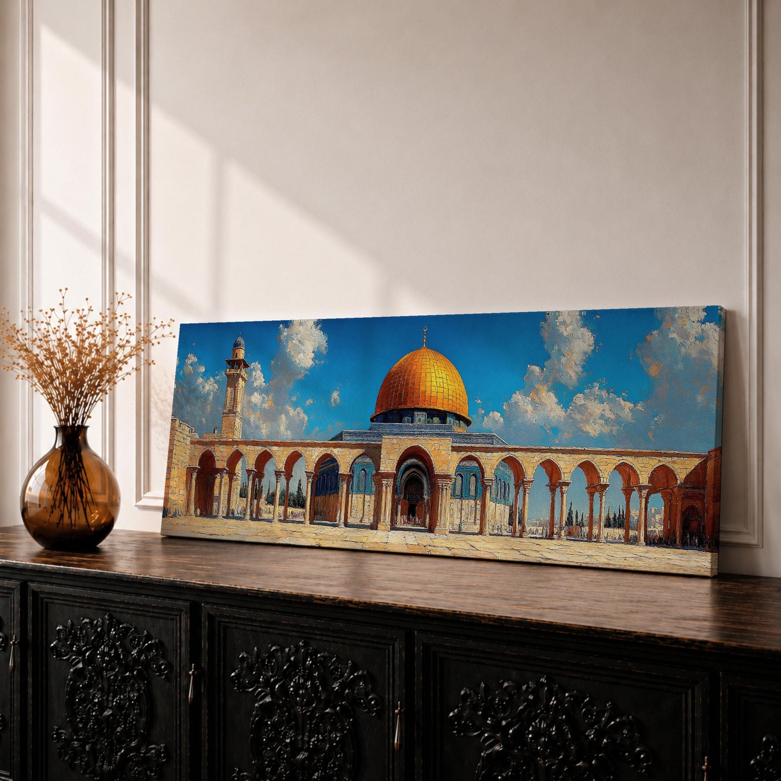 Panoramic architectural painting of Masjid Al Aqsa in Jerusalem featuring the golden Dome of the Rock surrounded by historic stone arches and courtyard colonnades. A tall minaret rises beside the mosque beneath a bright blue sky with scattered clouds, forming a wide horizontal composition of the sacred Islamic landmark.