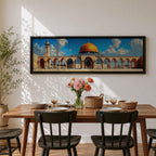 Panoramic architectural painting of Masjid Al Aqsa in Jerusalem featuring the golden Dome of the Rock surrounded by historic stone arches and courtyard colonnades. A tall minaret rises beside the mosque beneath a bright blue sky with scattered clouds, forming a wide horizontal composition of the sacred Islamic landmark.