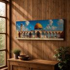 Panoramic architectural painting of Masjid Al Aqsa in Jerusalem featuring the golden Dome of the Rock surrounded by historic stone arches and courtyard colonnades. A tall minaret rises beside the mosque beneath a bright blue sky with scattered clouds, forming a wide horizontal composition of the sacred Islamic landmark.