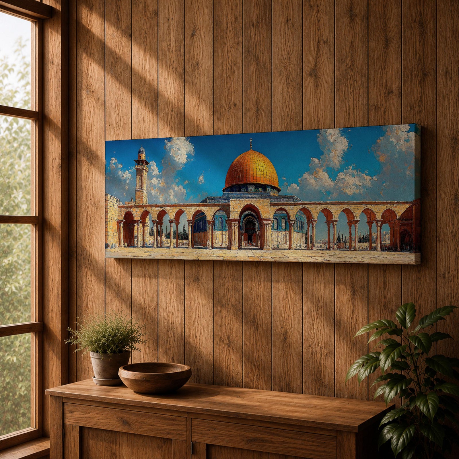 Panoramic architectural painting of Masjid Al Aqsa in Jerusalem featuring the golden Dome of the Rock surrounded by historic stone arches and courtyard colonnades. A tall minaret rises beside the mosque beneath a bright blue sky with scattered clouds, forming a wide horizontal composition of the sacred Islamic landmark.