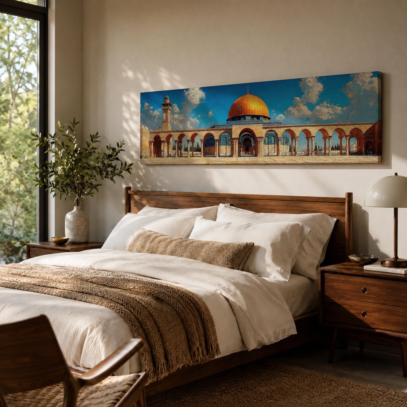 Panoramic architectural painting of Masjid Al Aqsa in Jerusalem featuring the golden Dome of the Rock surrounded by historic stone arches and courtyard colonnades. A tall minaret rises beside the mosque beneath a bright blue sky with scattered clouds, forming a wide horizontal composition of the sacred Islamic landmark.