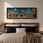 Panoramic architectural painting of Masjid Al Aqsa in Jerusalem featuring the golden Dome of the Rock surrounded by historic stone arches and courtyard colonnades. A tall minaret rises beside the mosque beneath a bright blue sky with scattered clouds, forming a wide horizontal composition of the sacred Islamic landmark.