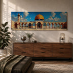 Panoramic architectural painting of Masjid Al Aqsa in Jerusalem featuring the golden Dome of the Rock surrounded by historic stone arches and courtyard colonnades. A tall minaret rises beside the mosque beneath a bright blue sky with scattered clouds, forming a wide horizontal composition of the sacred Islamic landmark.