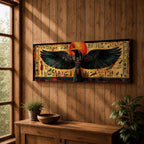 Panoramic ancient Egyptian style artwork featuring the falcon headed god Horus with wide outstretched wings beneath a glowing red sun disk. Hieroglyphic symbols and figures frame the composition while textured gold and dark tones highlight the wings and central deity across the wide symmetrical scene.