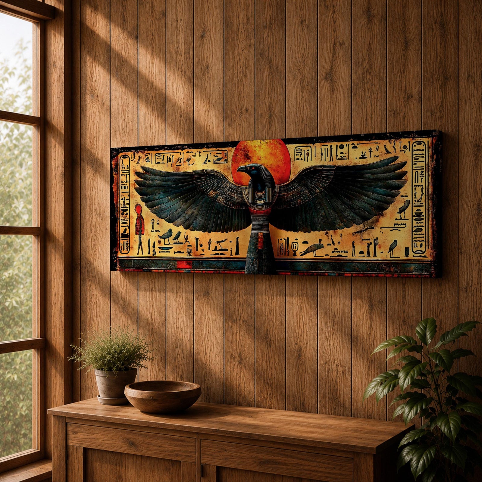 Panoramic ancient Egyptian style artwork featuring the falcon headed god Horus with wide outstretched wings beneath a glowing red sun disk. Hieroglyphic symbols and figures frame the composition while textured gold and dark tones highlight the wings and central deity across the wide symmetrical scene.