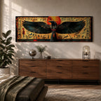 Panoramic ancient Egyptian style artwork featuring the falcon headed god Horus with wide outstretched wings beneath a glowing red sun disk. Hieroglyphic symbols and figures frame the composition while textured gold and dark tones highlight the wings and central deity across the wide symmetrical scene.