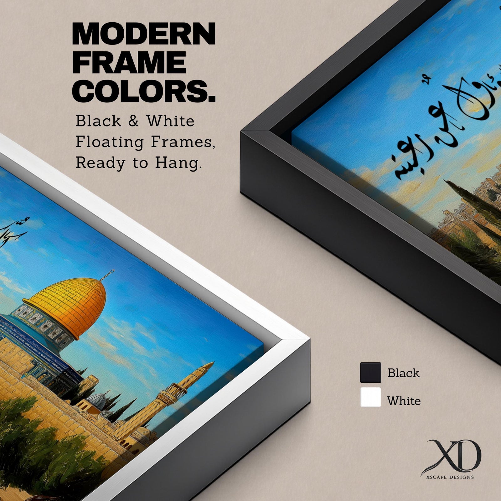 A long narrow panoramic painting depicts Masjid Al Aqsa with its iconic golden dome rising above stone walls and surrounding trees, set against a clear sky with Arabic calligraphy flowing across the upper composition, rendered in a detailed painterly style that blends architectural precision with warm tones and a serene landscape atmosphere.