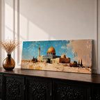 A long narrow panoramic painting depicts Masjid Al Aqsa with the golden dome rising above textured stone structures and surrounding trees, rendered in an abstract painterly style with layered brushstrokes, warm earthy tones, and a distressed sky that creates depth and a historic atmospheric cityscape.