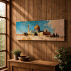 A long narrow panoramic painting depicts Masjid Al Aqsa with the golden dome rising above textured stone structures and surrounding trees, rendered in an abstract painterly style with layered brushstrokes, warm earthy tones, and a distressed sky that creates depth and a historic atmospheric cityscape.