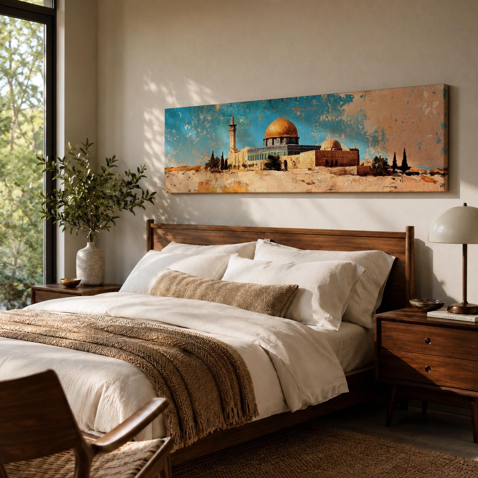 A long narrow panoramic painting depicts Masjid Al Aqsa with the golden dome rising above textured stone structures and surrounding trees, rendered in an abstract painterly style with layered brushstrokes, warm earthy tones, and a distressed sky that creates depth and a historic atmospheric cityscape.