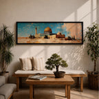 A long narrow panoramic painting depicts Masjid Al Aqsa with the golden dome rising above textured stone structures and surrounding trees, rendered in an abstract painterly style with layered brushstrokes, warm earthy tones, and a distressed sky that creates depth and a historic atmospheric cityscape.