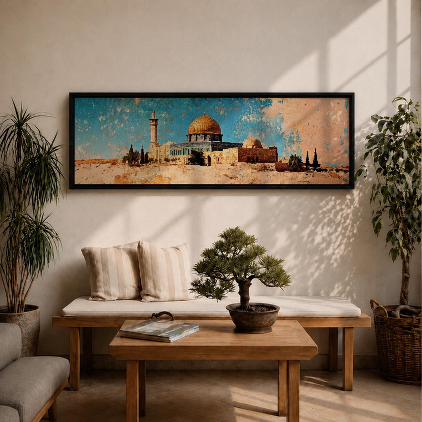 A long narrow panoramic painting depicts Masjid Al Aqsa with the golden dome rising above textured stone structures and surrounding trees, rendered in an abstract painterly style with layered brushstrokes, warm earthy tones, and a distressed sky that creates depth and a historic atmospheric cityscape.