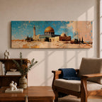 A long narrow panoramic painting depicts Masjid Al Aqsa with the golden dome rising above textured stone structures and surrounding trees, rendered in an abstract painterly style with layered brushstrokes, warm earthy tones, and a distressed sky that creates depth and a historic atmospheric cityscape.