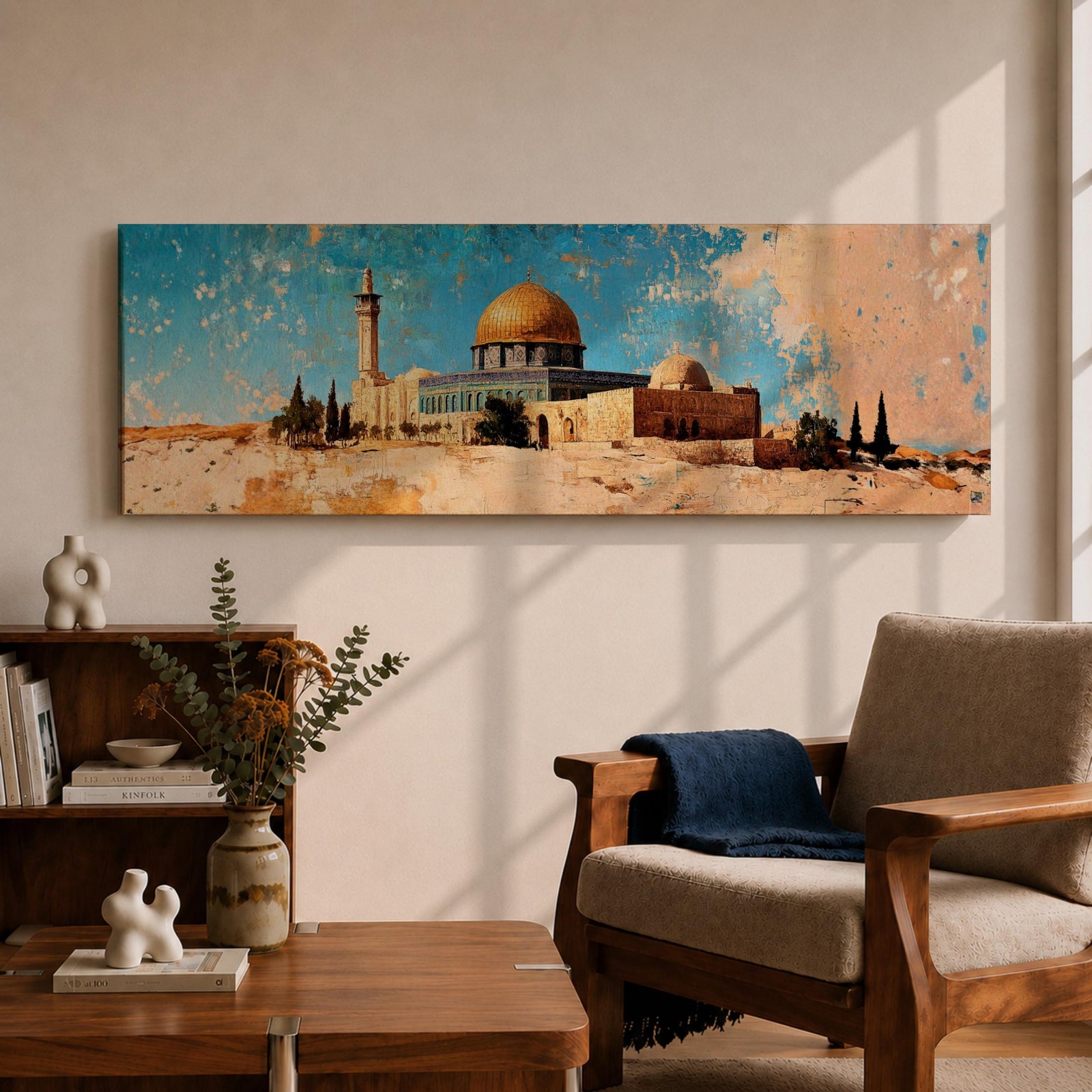 A long narrow panoramic painting depicts Masjid Al Aqsa with the golden dome rising above textured stone structures and surrounding trees, rendered in an abstract painterly style with layered brushstrokes, warm earthy tones, and a distressed sky that creates depth and a historic atmospheric cityscape.