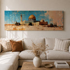 A long narrow panoramic painting depicts Masjid Al Aqsa with the golden dome rising above textured stone structures and surrounding trees, rendered in an abstract painterly style with layered brushstrokes, warm earthy tones, and a distressed sky that creates depth and a historic atmospheric cityscape.