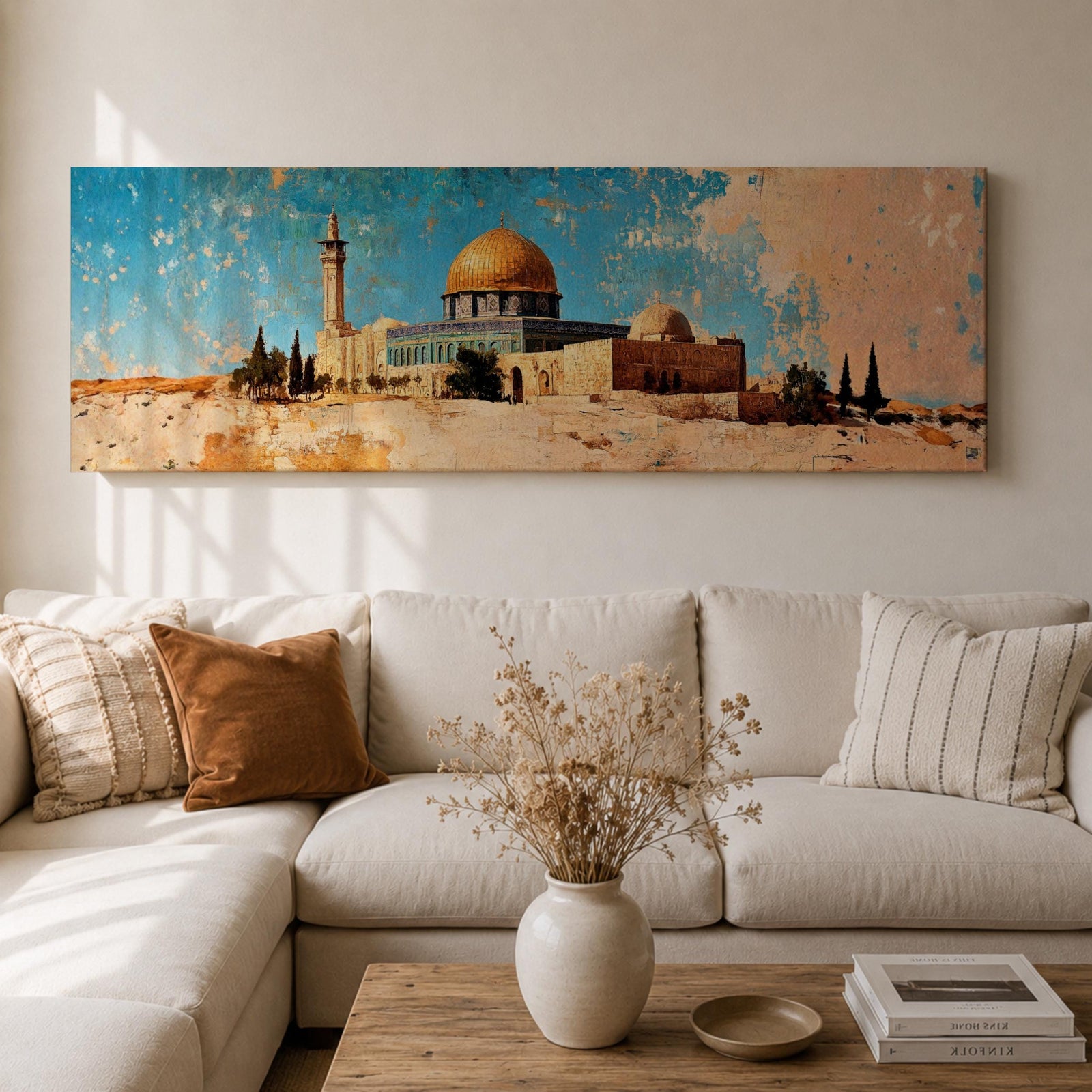 A long narrow panoramic painting depicts Masjid Al Aqsa with the golden dome rising above textured stone structures and surrounding trees, rendered in an abstract painterly style with layered brushstrokes, warm earthy tones, and a distressed sky that creates depth and a historic atmospheric cityscape.